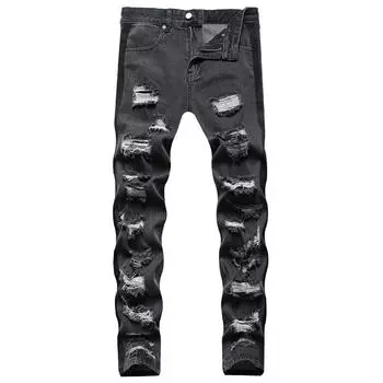 Европейские и американские новые облегающие мужские брюки из денима с несколькими отверстиями, черные прямые брюки High Street Trend S чёрный