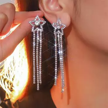 Европейские и американские новые пятиконечные звезды, полностью инкрустированные бриллиантами цирконами, длинные серьги с бахромой, женские роскошные темпераментные свадебные украшения для ушей серебряный