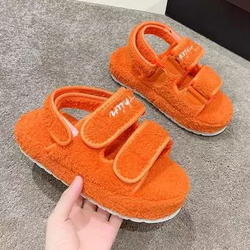 Европейские и американские новые сандалии Mao Mao с толстой подошвой и круглым носком, женские сандалии для внешней торговли, большие размеры, маленькие ароматные теплые сандалии из хлопка 36 чёрный