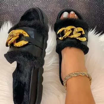 Европейские и американские новые шерстяные тапочки с толстым дном, одно слово, импортные, большие размеры, трансграничные, с металлической цепочкой, хлопковые, женские 35 белый