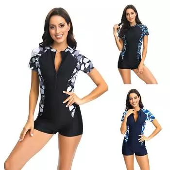 Европейские и американские новые слитные боксеры с короткими рукавами на молнии с модным принтом, сращивание купальника для женщин S