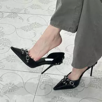 Европейские и американские новые туфли на тонком каблуке с заклепками и высокой шпилькой женские сексуальные туфли в стиле панк с полыми полыми пряжками королевские сестринские туфли 35