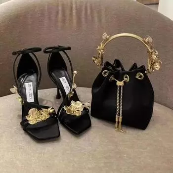 Европейские и американские новые золотистые цветочные квадратные черные туфли на высоком каблуке сексуальные мужские туфли с открытым носком на шпильке с пряжкой в виде одного слова женские 35