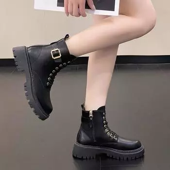 Европейские и американские одинарные ботинки, новинка осени 2023 года, женские, на шнуровке, с круглым носком, пряжкой на ремне, на среднем каблуке, короткие ботинки для женщин, Zapatos Mujer 35 чёрный