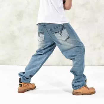 Европейские и американские осенне-зимние новые свободные, толстые и большие брюки для скейтбординга в стиле хип-хоп 2024 года 30 светло-синий