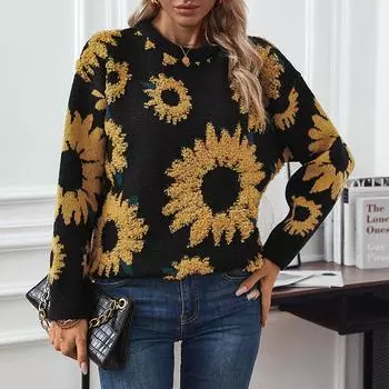 Европейские и американские осенне-зимние новые топы с вышитым полотенцем-подсолнухом, круглым воротом, длинными рукавами, вязаный свитер для женщин S чёрный