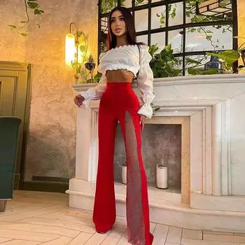 Европейские и американские осенне-зимние новые женские модные облегающие повседневные брюки с сетчатой строчкой и высокой талией S белый