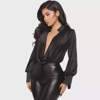 Европейские и американские осенне-зимние сексуальные атласные женские топы с V-образным вырезом S