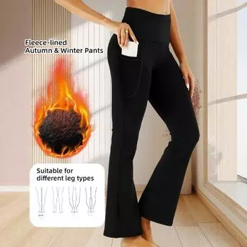 Европейские и американские осенне-зимние утолщенные штаны для йоги с флисовой подкладкой из рогового материала женские утягивающие штаны с высокой талией и акульим вырезом спортивные штаны для фитнеса S чёрный