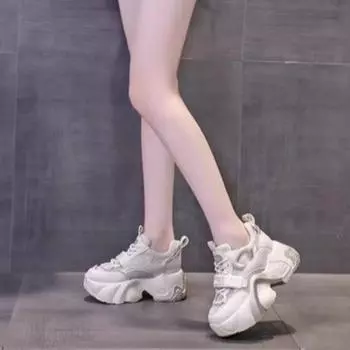 Европейские и американские папины туфли женские 2024 новые сетчатые дышащие толстые подошвы универсальные высокие вулканизированные женские туфли на платформе 35 белый