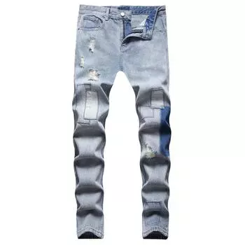 Европейские и американские повседневные джинсы средней посадки, неэластичные, с потертостями, синие, с потертостями и вышивкой S