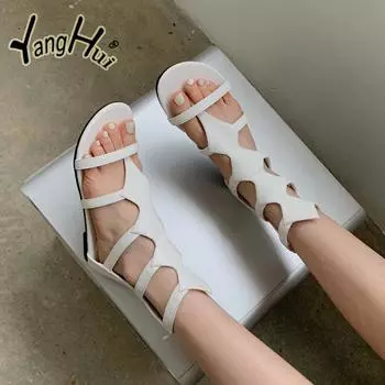 Европейские и американские повседневные сандалии с открытым носком и плоской подошвой в римском стиле 2024 года, новые модные туфли с узором «зебра» для женщин на лето 35 чёрный