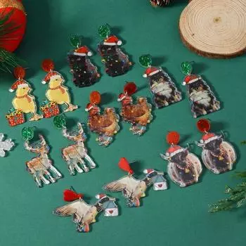 Европейские и американские преувеличенные веселые рождественские животные мультяшные фонарики лось кошка журавль собака акриловые двухсторонние серьги серьги