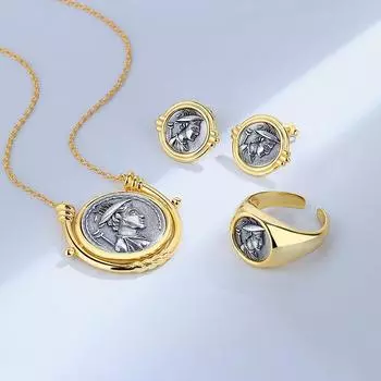 Европейские и американские ретро-Древний Римский Бизнес-Бог Тайское Серебро Древние Монеты Стерлингового Серебра S925 Ожерелье Серьги Комплект Кольца Женский