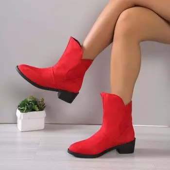 Европейские и американские ретро-короткие сапоги с кисточками для женщин в 2024 году, новые круглые носки, толстый каблук, универсальные модные короткие сапоги с V-образным вырезом 35 красный