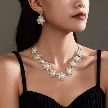 Европейские и американские роскошные сверкающие ожерелья со стразами, серьги, комплект из двух предметов, свадебный комплект украшений из жемчуга, аксессуары для платья