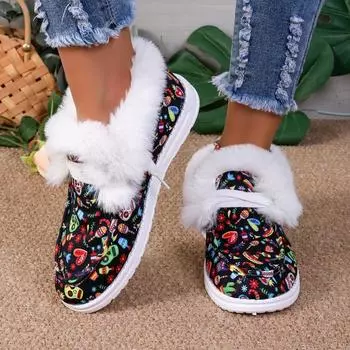 Европейские и американские рождественские хлопковые туфли 2024 года, зимние новые туфли из плюша с круглым носком и плоской подошвой, женские хлопковые туфли Zapatos Mujer 36