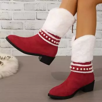 Европейские и американские рождественские короткие сапоги женские 2024 новые бархатные жемчужные украшения средние рукава сапоги женские Zapatos De Mujer 36 красный