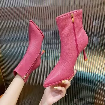 Европейские и американские розово-красные эластичные узкие короткие сапоги женские на тонком каблуке осенью и зимой 2024 года 34 бежевый