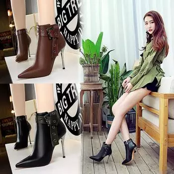 Европейские и американские рыцарские сапоги в стиле ретро на тонком каблуке 10,5 см, очень высоком каблуке, сексуальные короткие сапоги с тонкой остроконечной пряжкой для ночного клуба 35 кофейный