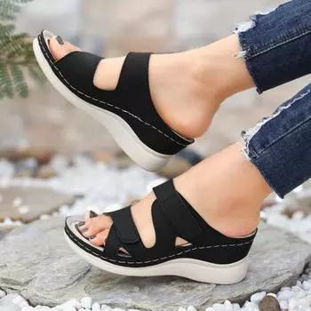 Европейские и американские сандалии большого размера, однотонные, лето 2025, новые, с круглым носком, с толстым дном, модные, повседневные, верхняя одежда с одним символом, женские 36 чёрный