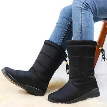 Европейские и американские сапоги для снегоступов на каблуке, зимние новые водонепроницаемые сапоги для снегоступов 2024 года, сверхлегкие, большие, из плюша и хлопка, Zapatos Mujer 35 чёрный