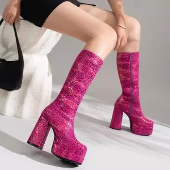 Европейские и американские сапоги на толстом каблуке, очень высокие сапоги на двойной водонепроницаемой платформе с леопардовым принтом, сексуальные высокие сапоги, но тонкие до колена, сапоги большого размера 34 чёрный