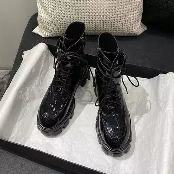 Европейские и американские сапоги в британском стиле, осенние и зимние, на толстой подошве, лакированные, короткие, красивые женские сапоги 35