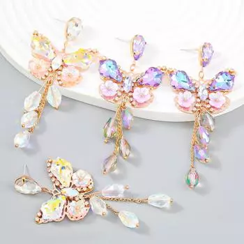 Европейские и американские серьги-кисточки в форме цветка-бабочки из преувеличенного сплава с бриллиантами - коллекция «Super Fairy» осень/зима