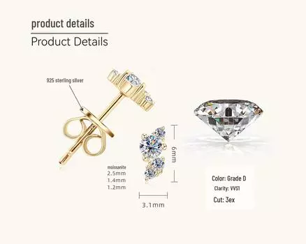 Европейские и американские серьги-пусеты с муассанитами - Модные гипоаллергенные украшения из стерлингового серебра S925 0.09 carat + 0.09 carat