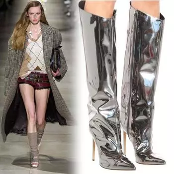 Европейские и американские сексуальные заостренные тонкие каблуки из лакированной кожи для ночного клуба, подиумные высокие сапоги, но с коленом большого размера с боковой молнией сапоги для выступлений 35 серебряный