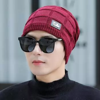 Европейские и американские шапки для мужчин, осенние и зимние, однотонные квадратные вязаные шапки, плюс бархатная утолщенная защита ушей, теплая ворсовая шапка M56-58cm чёрный