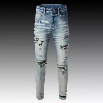 Европейские и американские светлые облегающие рваные джинсы с вышивкой для мужчин 29 светло-синий