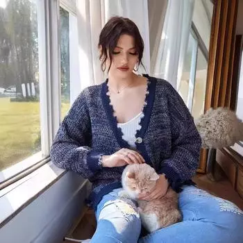 Европейские и американские свитера, кардиганы, вязаные куртки, осень и зима, женская элегантность, интеллектуальный стиль S темно-синий