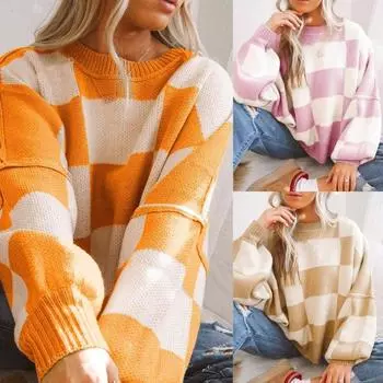 Европейские и американские свитера, новые контрастные цвета, вязаные в шахматном порядке свитера, свободные и ленивые, ветрозащитного плетения свитера на осень и зиму S оранжевый
