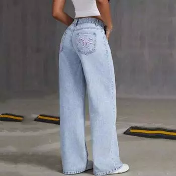 Европейские и американские свободные светло-голубые джинсы с широкими штанинами и вышитым бантом S синий