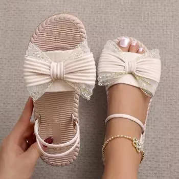 Европейские и американские тапочки большого размера, однотонные, лето 2024, новые, с круглым носком и бантом, модные женские тапочки на толстой подошве 36