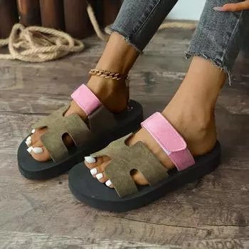 Европейские и американские тапочки большого размера с цветовым сочетанием, лето 2024, новые модные женские тапочки с круглым носком и липучкой на платформе 36