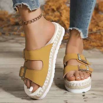 Европейские и американские тапочки большого размера, однотонные, лето 2024 года, новые, с круглой головкой, одним словом, пряжкой на ремне, модные женские тапочки на толстой подошве 36 жёлтый