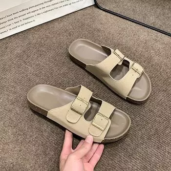Европейские и американские тапочки большого размера, однотонные, лето 2024, новые, с круглой головкой, с пряжкой на поясе, женские, на толстой подошве 35