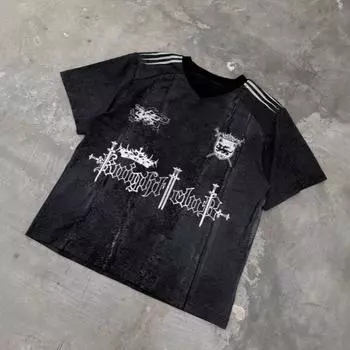 Европейские и американские темные ретро-тренды для мужчин и женщин, летние топы с короткими рукавами M чёрный
