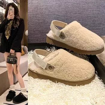 Европейские и американские теплые пушистые тапочки женские зимние 2024 года, ленивые, с начесом и утолщенной педалью, хлопковые тапочки женские 35 коричневый