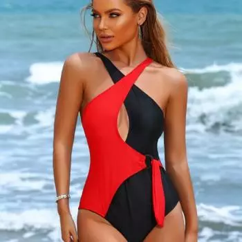 Европейские и американские трансграничные сексуальные и консервативные цельные нейлоновые купальники для женщин с облегающим кроем S чёрный/красный