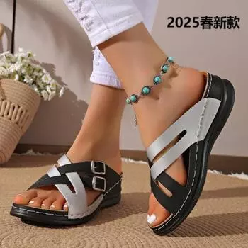 Европейские и американские трансграничные тапочки большого размера, подходящие по цвету, женские новые тапочки с толстой подошвой и пряжкой для ремня, одно слово, классные тапочки 36 чёрный