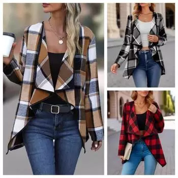 Европейские и американские трансграничные женские модные и элегантные клетчатые принтованные приталенные куртки S чёрный
