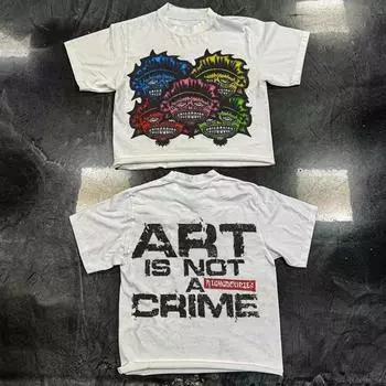 Европейские и американские тренды Персонализированный свободный топ с круглым вырезом 2025 Новый уличный универсальный повседневный топ для мужчин и женщин с короткими рукавами S белый