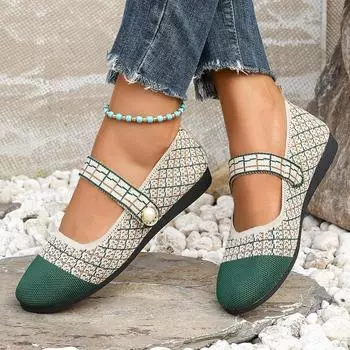 Европейские и американские туфли большого размера с неглубоким горлом, осень 2024 года, новые, с круглым носком, дышащие, с плоским дном, удобные, с пряжкой из одного слова, одинарные туфли 36 темно-зеленого
