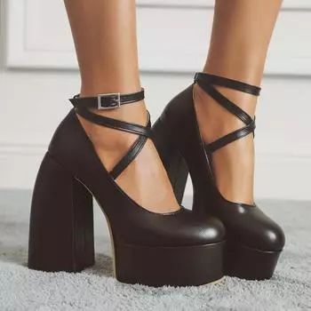 Европейские и американские туфли на толстой подошве с пряжкой, толстый каблук, высокие каблуки 14,5 см, круглая головка, светлый рот, черно-белые, красные, одинарные туфли женские 34 чёрный