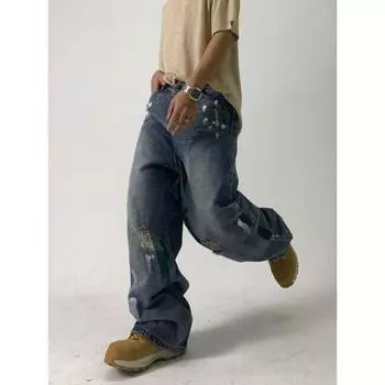 Европейские и американские уличные джинсы с чернильными пятнами для мужчин и женщин, нишевый дизайн, свободные широкие брюки для пар, повседневные универсальные брюки 2XL