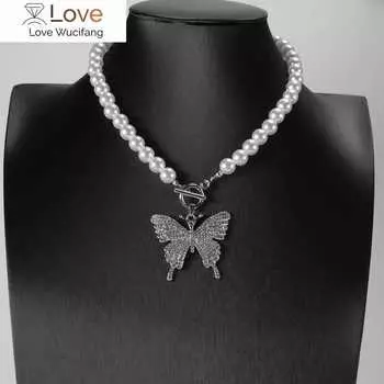 Европейские и американские ювелирные изделия Творческая личность Бриллиантовая Большая Бабочка Кулон Женский Мода Имитация Жемчуга Ожерелье 45cm золотой